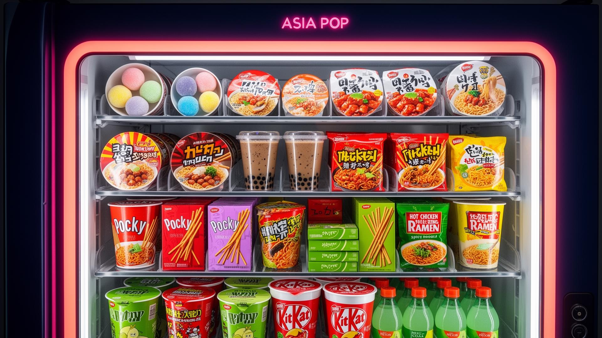 מבט אל פנים מכונת ASIA POP – מוצ׳י, ראמן, באבל טי, פוקי, הוט צ׳יקן ראמן ומשקאות מלון סודה